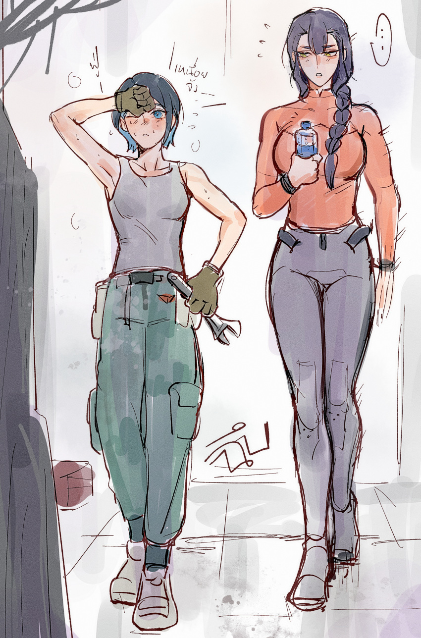 ... 2girls absurdres armpits bare_arms blue_eyes blue_hair braid breasts colored_inner_hair commentary_request flying_sweatdrops gloves green_gloves green_pants grey_footwear grey_tank_top gundam gundam_suisei_no_majo highres holding holding_wrench large_breasts maybecrosswise multicolored_hair multiple_girls nika_nanaura pants purple_hair sabina_fardin short_hair single_braid skin_tight small_breasts spoken_ellipsis sweat tank_top walking wiping_face wrench yellow_eyes