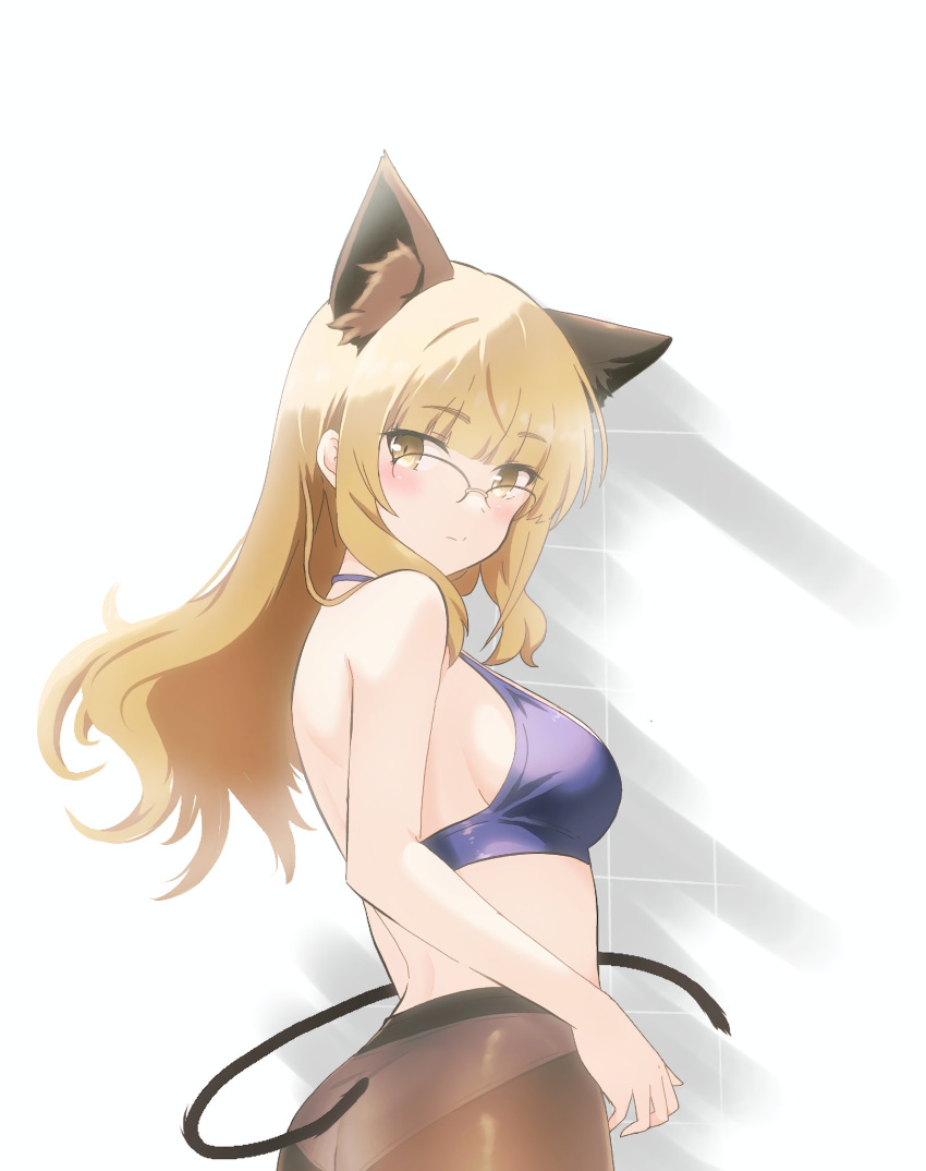 1girl animal_ears ass blonde_hair blue_bra blush bra breasts brown_pantyhose cat_ears cat_tail closed_mouth gabrieltenma77 glasses highres long_hair looking_at_viewer looking_back panties panties_under_pantyhose pantyhose perrine_h._clostermann simple_background small_breasts solo strike_witches tail underwear white_background white_panties world_witches_series yellow_eyes