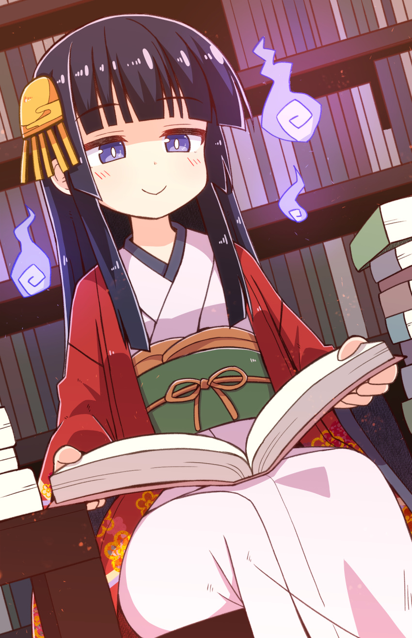 1girl :&gt; black_hair blue_eyes blunt_bangs book book_stack closed_mouth commentary_request green_sash hair_ornament haori highres hitodama holding holding_book indoors jacket japanese_clothes kimono library light_blush long_hair long_sleeves obi original reading red_jacket ribbon sash shelf sidelocks sitting smile solo table white_kimono yellow_ribbon yukinagi