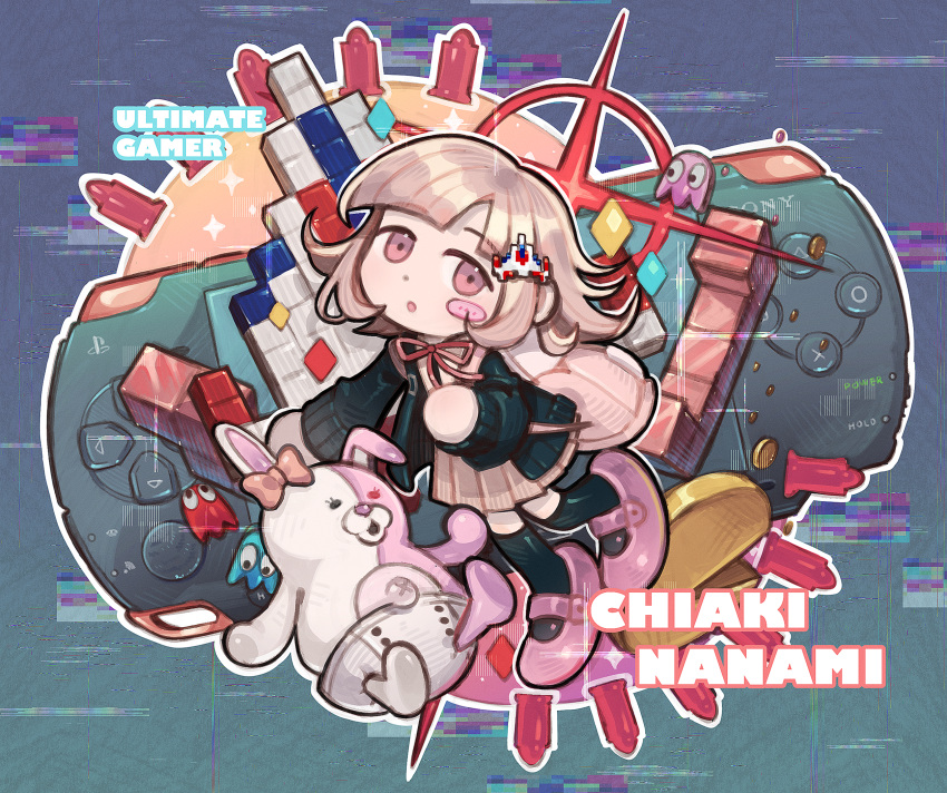 1girl 9twoeight backpack bag blinky_(pac-man) blush chibi commission danganronpa_(series) handheld_game_console highres inky_(pac-man) long_sleeves looking_at_viewer nanami_chiaki open_mouth pac-man pac-man_(game) pink_eyes pink_footwear pink_hair pinky_(pac-man) playstation_portable pleated_skirt short_hair skirt solo tetris