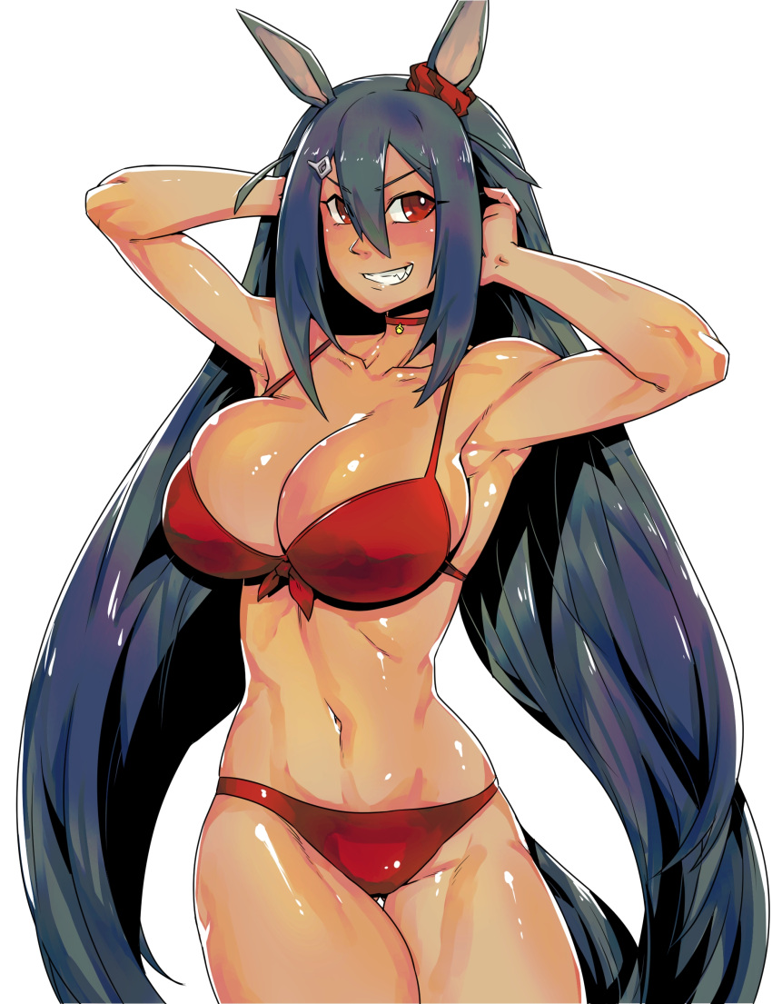 1girl absurdres alternate_costume animal_ears armpits arms_up ass_visible_through_thighs bikini breasts choker cleavage commentary_request cowboy_shot dark-skinned_female dark_skin ear_ornament fang front-tie_top grin hair_between_eyes hair_ornament hairclip hands_on_own_head highres hishi_amazon_(umamusume) horse_ears horse_girl horse_tail large_breasts minew navel red_bikini red_choker red_eyes simple_background smile solo swimsuit tail umamusume v-shaped_eyebrows white_background