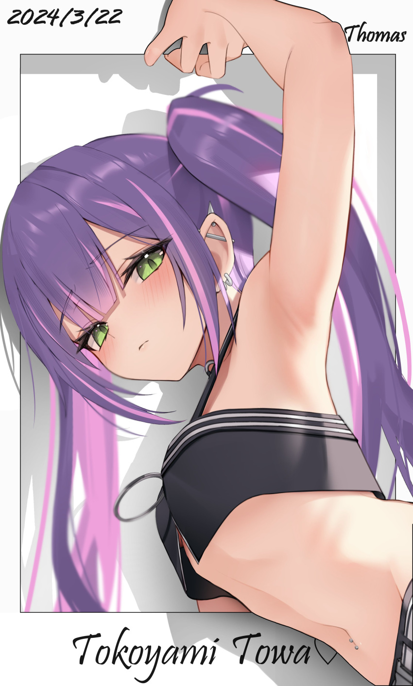 1girl absurdres arm_up armpits artist_name black_choker blush breasts character_name choker closed_mouth collarbone crop_top dated double-parted_bangs ear_piercing earrings eyelashes green_eyes grey_background highres hololive jewelry long_hair multicolored_hair navel navel_piercing o-ring o-ring_choker piercing pink_hair purple_hair shadow sidelocks solo streaked_hair thomas_8000 tokoyami_towa tokoyami_towa_(1st_costume) twintails underboob upper_body virtual_youtuber