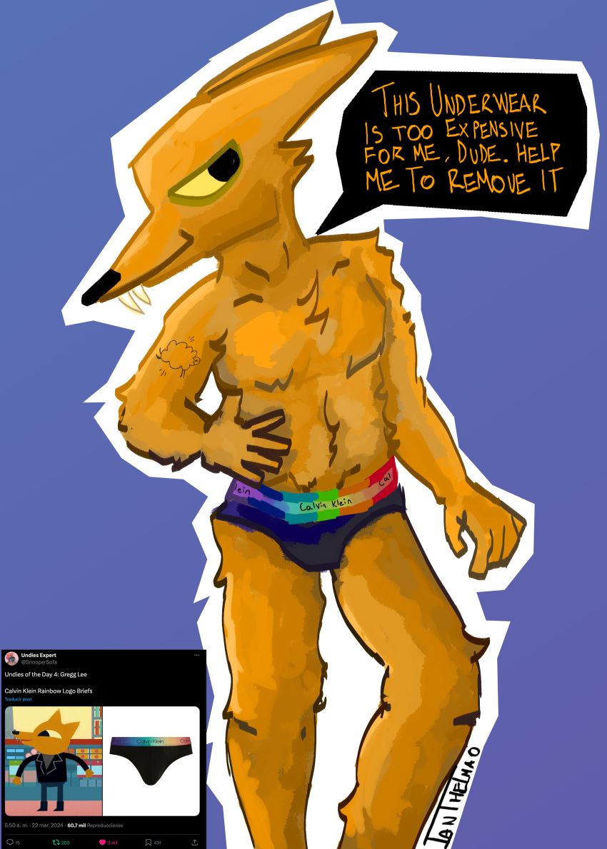 absurd_res anthro canid canine clothing english_text fox gregg_lee hi_res ianthelmao male mammal night_in_the_woods speech_bubble teasing text underwear