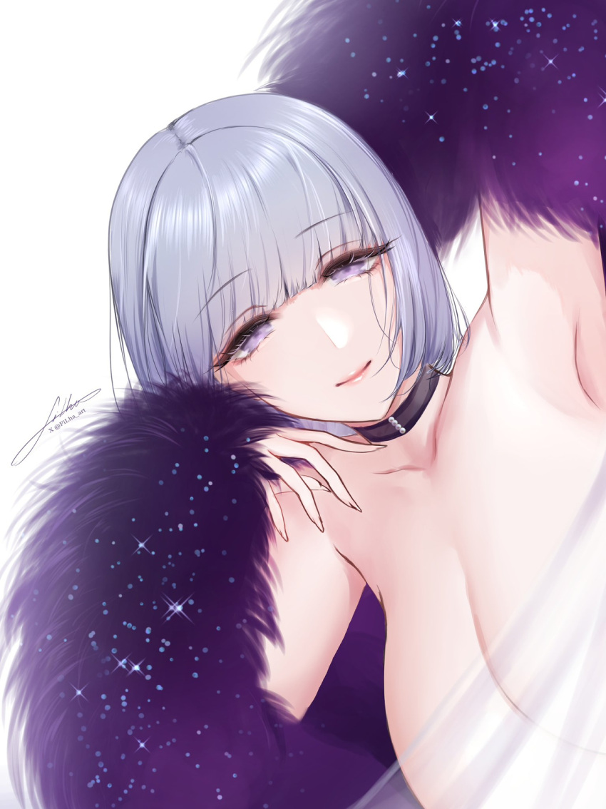 1girl arm_behind_head armpits bare_shoulders breasts choker cleavage collarbone covered_nipples feather_boa filha girls'_frontline grey_hair highres jewelry large_breasts looking_at_viewer medium_hair out_of_frame rpk-16_(girls'_frontline) upper_body