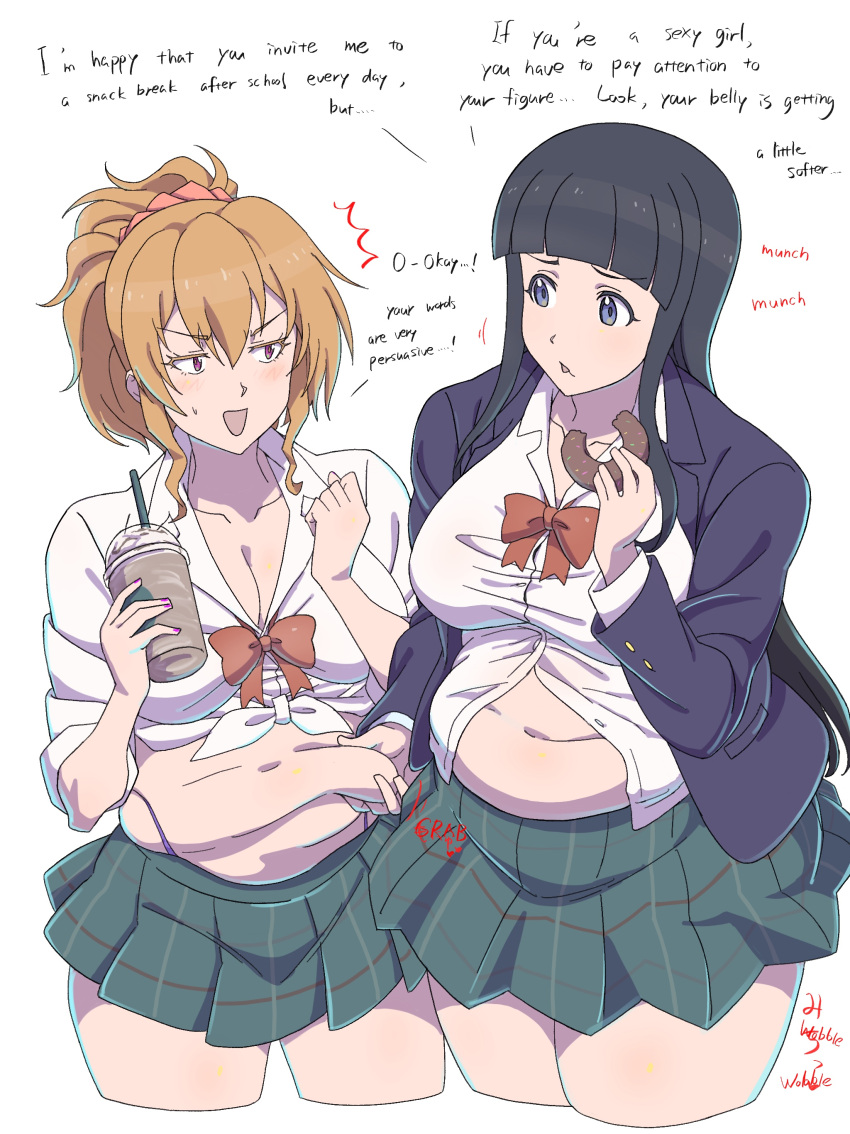 ! ... 2girls absurdres belly_grab blue_eyes blunt_bangs blush bow bowtie breasts cleavage clenched_hand collarbone commentary_request cowboy_shot cropped_legs cup disposable_cup drink drinking_straw english_text green_skirt hair_between_eyes highres holding holding_doughnut holding_drink jaggy_lines jitome karaage53ko large_breasts long_hair long_sleeves looking_at_another looking_to_the_side miniskirt muffin_top multiple_girls navel open_clothes open_mouth orange_hair original parted_lips partially_unbuttoned pink_eyes pleated_skirt plump ponytail red_bow red_bowtie shirt short_sleeves sidelocks simple_background skirt sound_effects spoken_ellipsis spoken_exclamation_mark sweatdrop talking tareme thick_thighs thighs v-shaped_eyebrows weight_gain white_background white_shirt