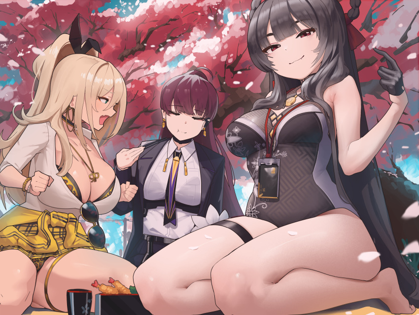 3girls absurdres amesuku_gyaru animal_print bento black_suit blonde_hair bra bra_peek braid braided_hair_rings breasts cherry_blossoms china_dress chinese_clothes clothes_around_waist day dolla_(nikke) dress earpiece extreme_dangling eyewear_hang gloomyowl gloves goddess_of_victory:_nikke grey_hair gyaru hair_rings half_gloves hanami highres jacket jacket_around_waist kogal large_breasts leopard_print long_hair looking_at_viewer medium_breasts multi-strapped_dress multicolored_necktie multiple_bracelets multiple_girls necktie ponytail purple_necktie red_hair rupee_(nikke) skirt suit talentum_(nikke) thigh_strap twin_braids underwear unworn_eyewear urasekai_picnic yan_(nikke) yellow_skirt