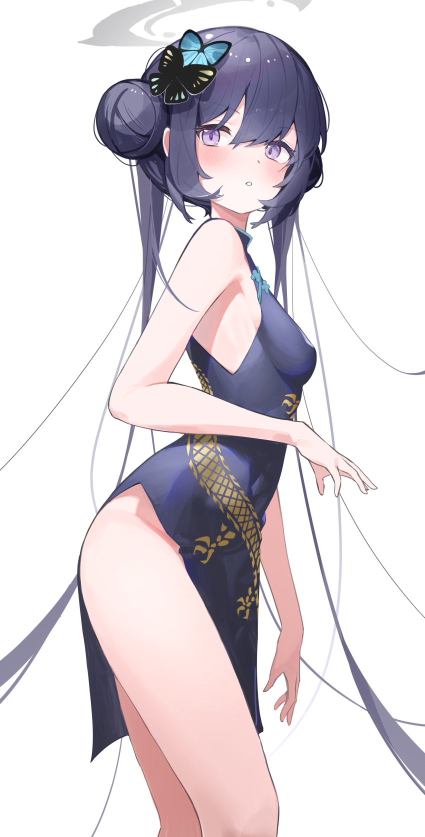 1girl absurdres ass black_dress black_gloves black_hair blue_archive blunt_bangs breasts butterfly_hair_ornament china_dress chinese_clothes double_bun dress from_side gloves grey_eyes groin hair_bun hair_ornament halo highres kisaki_(blue_archive) long_hair looking_at_viewer looking_to_the_side no_panties oiru_(fattyoils) parted_lips pelvic_curtain redrawn side_slit sidelocks simple_background sleeveless sleeveless_dress sleeveless_turtleneck small_breasts solo turtleneck turtleneck_dress twintails white_background
