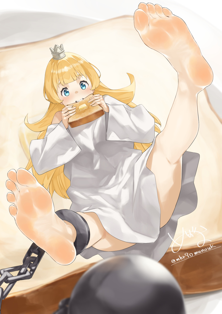 1girl absurdres artist_name bare_legs barefoot blonde_hair blue_eyes bread bread_slice crown eating feet food foot_focus foreshortening hands_up highres hime-sama_"goumon"_no_jikan_desu hime_(himesama_goumon) holding legs legs_up lying mbr90munouk mini_crown on_back oversized_clothes oversized_food oversized_object oversized_shirt shirt signature single_ankle_cuff soles toast toes twitter_username white_shirt