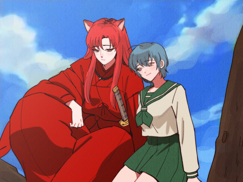 2girls animal_ears blue_hair blue_sky brown_eyes closed_mouth cloud commentary day english_commentary fox_ears green_neckerchief green_sailor_collar green_skirt highres inuyasha japanese_clothes katana kimono maybecrosswise multiple_girls neckerchief original outdoors pleated_skirt red_hair red_kimono sailor_collar school_uniform serafuku shirt short_hair sitting skirt sky smile sword weapon white_shirt