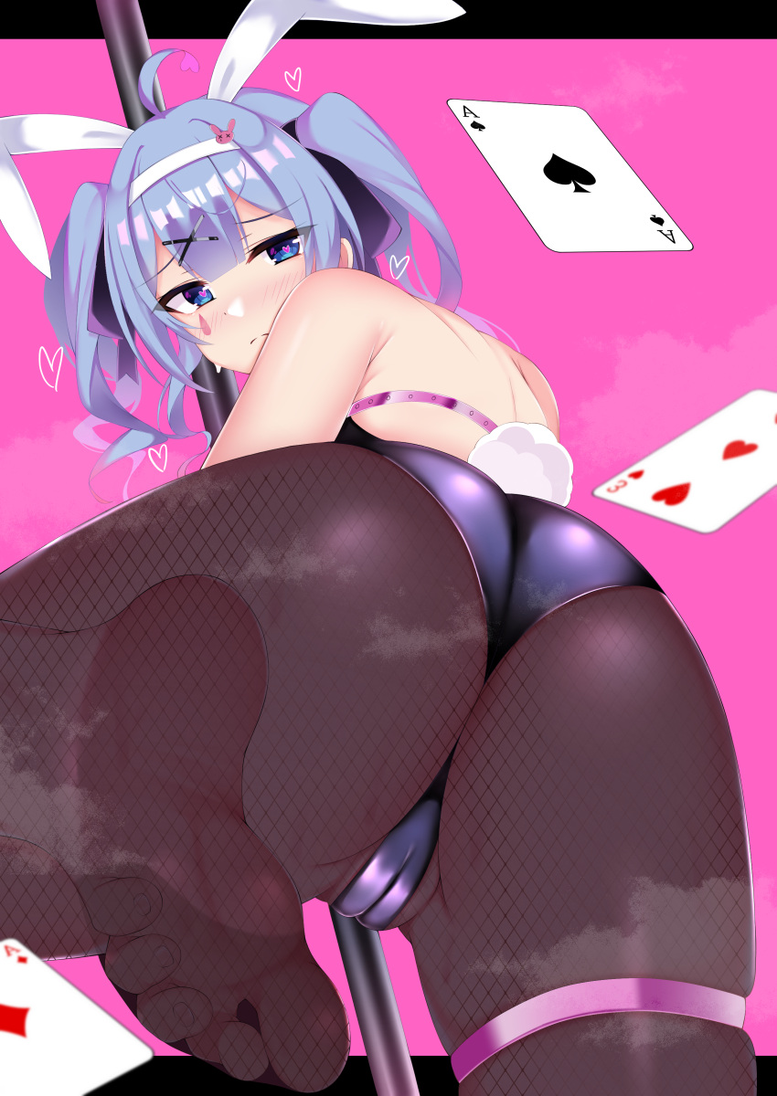 1girl absurdres ace_(playing_card) ahoge alternate_costume ass bare_shoulders black_leotard blue_hair blush cameltoe card cleft_of_venus closed_mouth commentary_request fake_tail feet fishnet_pantyhose fishnet_thighhighs fishnets foot_focus frown hair_ornament hatsune_miku heart heart-shaped_pupils highres leotard long_hair monkey_kusai pantyhose pink_background playboy_bunny playing_card rabbit_hole_(vocaloid) soles solo steaming_body strapless strapless_leotard sweat symbol-shaped_pupils tail thigh_strap thighhighs toes twintails x_hair_ornament