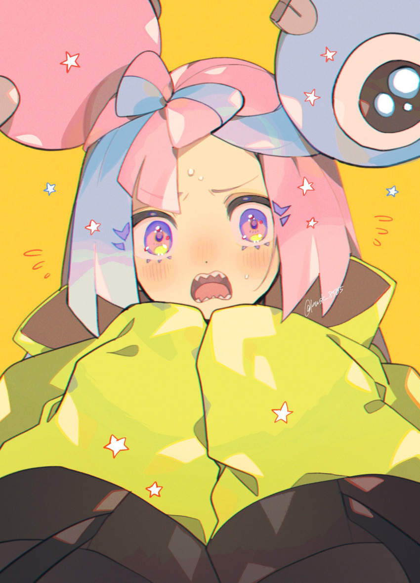 1girl blue_hair blush bow-shaped_hair close-up commentary_request eyelashes highres iono_(pokemon) jacket kawasaki_(kwsk_8765) multicolored_hair open_mouth pink_hair pokemon pokemon_sv sharp_teeth simple_background sleeves_past_fingers sleeves_past_wrists solo split-color_hair star_(symbol) teeth two-tone_hair upper_body yellow_background yellow_jacket