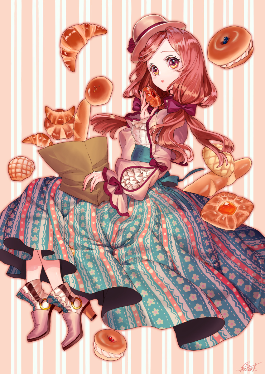 1girl absurdres ankle_boots bag bagel baguette blue_skirt boots bow braid bread breasts brown_eyes brown_hair brown_hat commentary_request croissant doughnut eating floating floral_print food full_body grocery_bag hair_bow hat high_heel_boots high_heels highres holding holding_bag holding_food long_hair long_sleeves looking_at_viewer low_twintails massuru melon_bread original paper_bag parted_lips purple_bow ribbon shirt shopping_bag signature sitting skirt small_breasts solo striped_background striped_clothes twintails