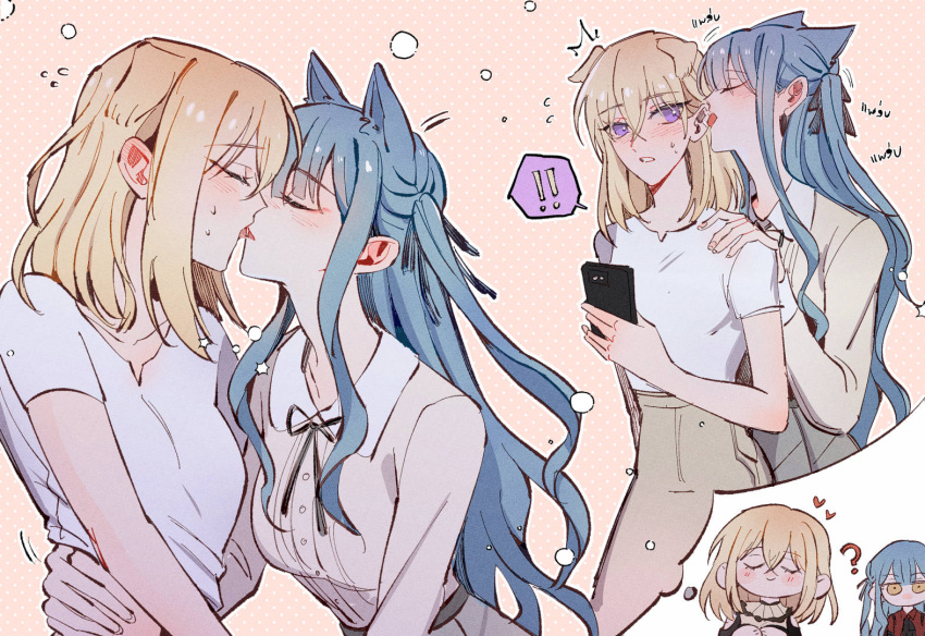 2girls ? animal_ears bang_dream! bang_dream!_it's_mygo!!!!! black_ribbon blonde_hair blue_hair blush brown_shirt brown_skirt cat_ears cellphone closed_eyes closed_mouth commentary french_kiss hair_ribbon hand_on_another's_shoulder hand_on_another's_waist heart holding holding_phone imagining kemonomimi_mode kiss licking licking_ear long_hair maybecrosswise medium_hair misumi_uika multiple_girls neck_ribbon parted_lips phone purple_eyes red_shirt ribbon shirt short_sleeves skirt smartphone smile sweatdrop thought_bubble togawa_sakiko tongue tongue_out twintails white_shirt yellow_eyes yuri