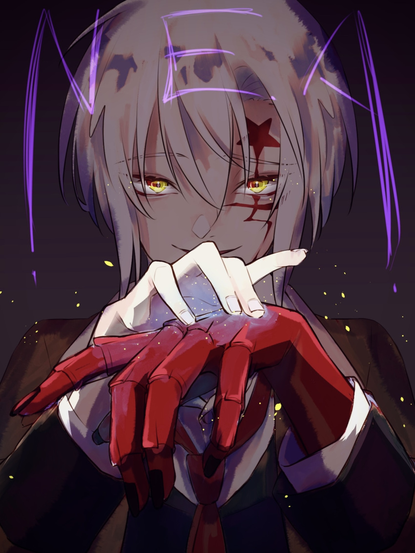 1boy allen_walker black_nails bokuhaboku character_name colored_skin d.gray-man dark_background dark_persona dated_commentary foreshortening gloves glowing glowing_eyes hair_between_eyes highres long_sleeves looking_at_viewer male_focus multicolored_skin red_skin scar scar_across_eye scar_on_face shirt short_hair smile solo upper_body yellow_eyes