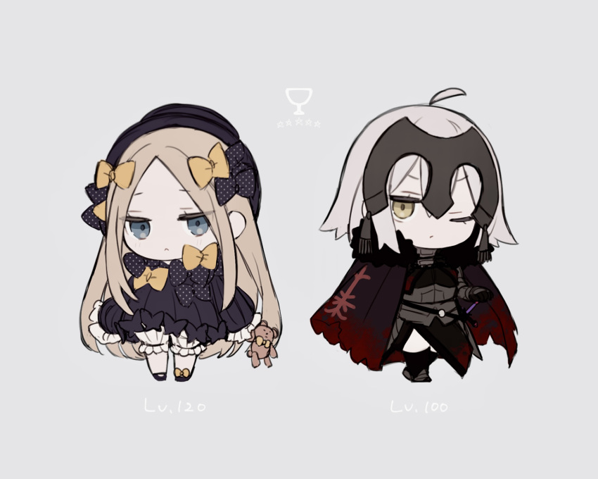 2girls :&lt; ;/ abigail_williams_(fate) ahoge armor black_bow black_dress black_footwear blonde_hair bloomers blue_eyes bow cape chibi chibi_only commentary_request dress expressionless fate/grand_order fate_(series) full_body grey_background grey_hair hair_between_eyes headpiece highres holding holding_stuffed_toy holy_grail_(fate) jeanne_d'arc_alter_(fate) long_hair looking_at_viewer multiple_girls one_eye_closed parted_bangs red_cape sheath sheathed sidelocks simple_background sleeves_past_fingers sleeves_past_wrists star_(symbol) stuffed_animal stuffed_toy sumi_(gfgf_045) sword teddy_bear very_long_hair weapon white_bloomers yellow_bow yellow_eyes