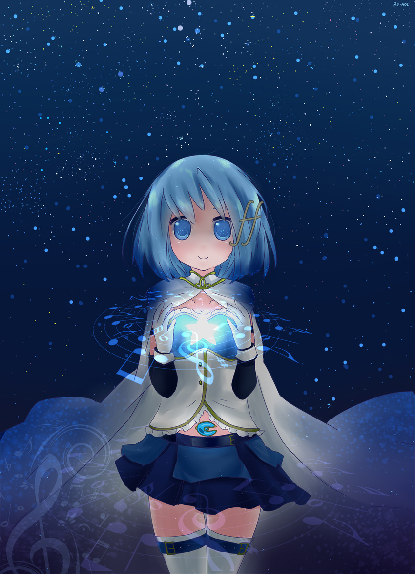 aoi_(pixiv2498037) artist_name belt blue_eyes blue_hair blue_skirt cape commentary_request gloves glowing hair_ornament highres looking_at_viewer magic magical_girl mahou_shoujo_madoka_magica mahou_shoujo_madoka_magica_movie midriff miki_sayaka mountain musical_note night night_sky outdoors short_hair skirt sky smile solo soul_gem standing star star_(sky) starry_sky thighhighs zettai_ryouiki