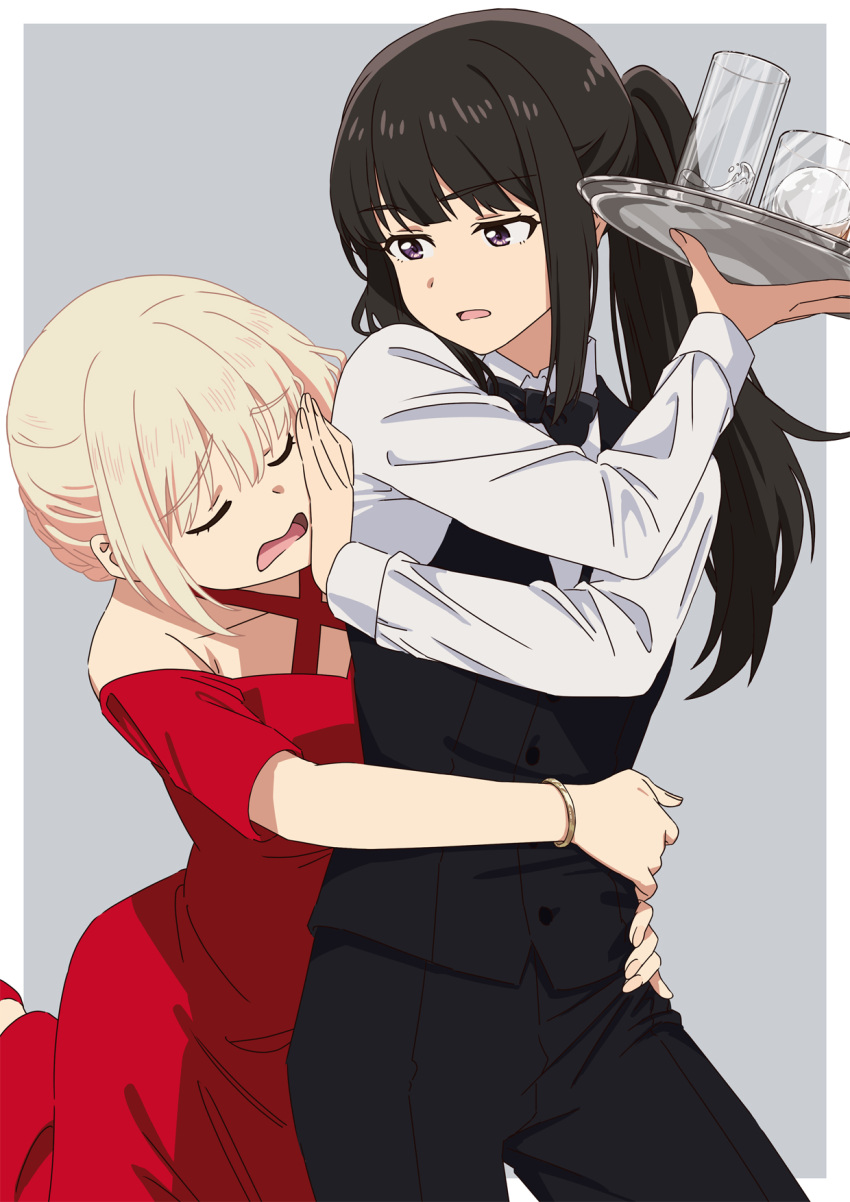 2girls asada7101 black_bow black_bowtie black_hair black_pants black_vest blonde_hair border bow bowtie closed_eyes collared_shirt commentary dress dress_shirt glass grey_background hand_on_another's_cheek hand_on_another's_face highres holding holding_tray hug inoue_takina long_hair long_sleeves looking_at_another lycoris_recoil multiple_girls nishikigi_chisato off-shoulder_dress off_shoulder open_mouth outside_border pants ponytail purple_eyes red_dress red_footwear shirt short_hair short_sleeves simple_background tray u_u vest white_border white_shirt yuri