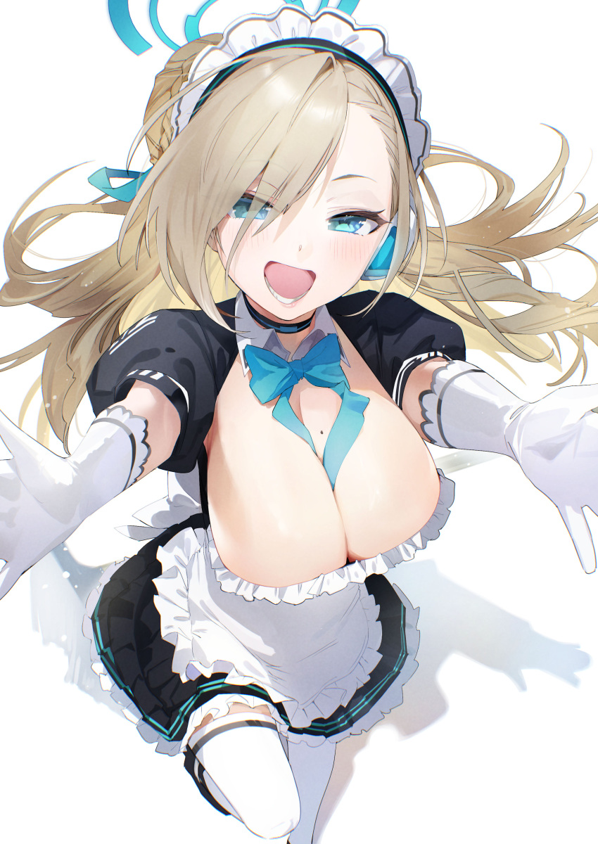 1girl absurdres apron asuna_(blue_archive) black_choker black_dress blue_archive blue_eyes blue_halo blush breasts choker cleavage dress frilled_apron frills gloves halo highres large_breasts light_brown_hair long_hair looking_at_viewer maid maid_apron maid_headdress mole mole_on_breast open_mouth short_sleeves simple_background smile solo thighhighs white_apron white_background white_gloves white_thighhighs yanyo_(ogino_atsuki)