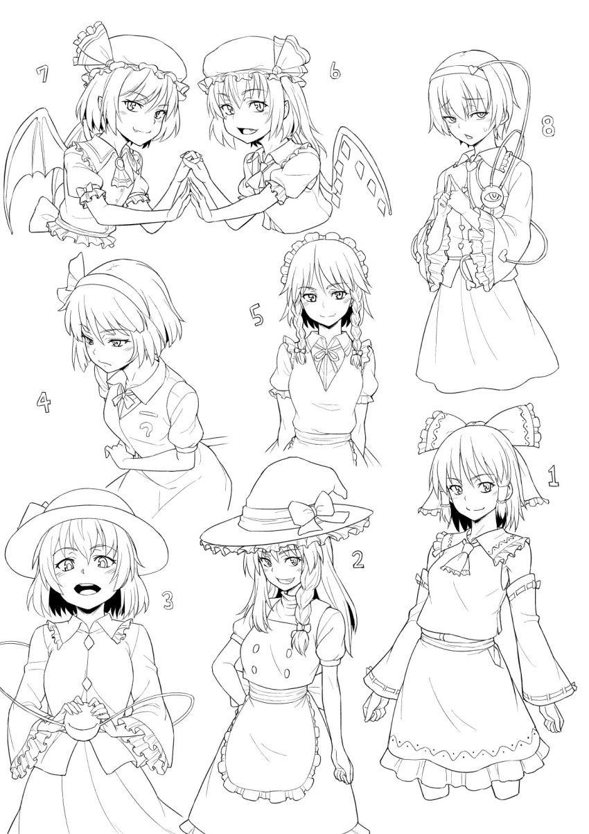 6+girls apron ascot bat_wings bow commentary_request crystal_wings detached_sleeves fang flandre_scarlet frilled_skirt frilled_sleeves frills hair_bow hairband hakurei_reimu hat hat_ribbon heart high_contrast highres holding_hands izayoi_sakuya kakone kirisame_marisa komeiji_koishi komeiji_satori konpaku_youmu long_sleeves looking_at_viewer maid_apron maid_headdress mob_cap monochrome multiple_girls one_side_up open_mouth remilia_scarlet ribbon ribbon-trimmed_sleeves ribbon_trim shirt short_hair short_sleeves simple_background skirt slit_pupils smile teeth third_eye touhou upper_teeth_only wide_sleeves wings witch_hat