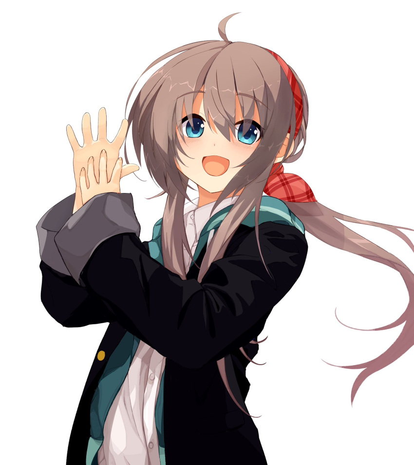 1girl :d ahoge aqua_eyes black_jacket blush brown_hair collared_shirt commentary_request eyes_visible_through_hair hair_between_eyes hair_ribbon hands_up happy highres hood hood_down hooded_jacket jacket long_hair looking_at_viewer low_ponytail open_clothes open_jacket open_mouth own_hands_together plaid plaid_ribbon red_ribbon ribbon sanoba_witch school_uniform shiiba_tsumugi shirt sidelocks simple_background sleeves_past_wrists smile solo tareme upper_body user_sztx7254 white_background white_shirt