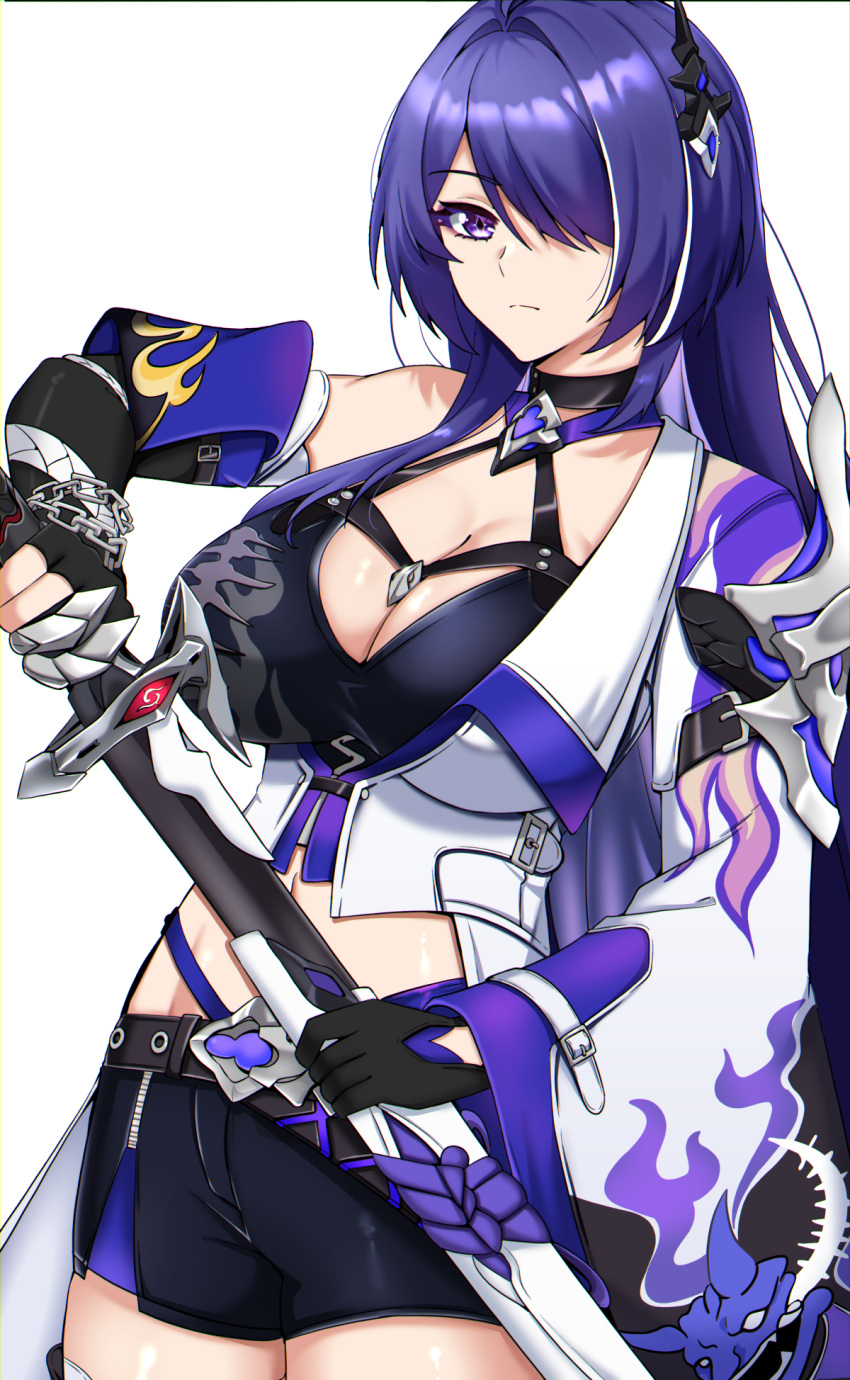 acheron_(honkai:_star_rail) black_choker black_gloves black_shorts breasts chain choker commentary cowboy_shot gloves hair_over_one_eye highres holding holding_sword holding_weapon honkai:_star_rail honkai_(series) katana large_breasts lion_space long_hair looking_at_viewer midriff purple_eyes purple_hair scabbard sheath short_shorts shorts single_bare_shoulder standing sword unsheathing very_long_hair weapon