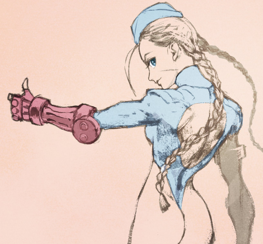 1girl ass blue_eyes blue_hat blue_leotard braid cammy_white commentary_request fingerless_gloves gloves highleg highleg_leotard highres iwamoto_tatsurou leotard long_hair looking_at_viewer looking_back sketch smile solo street_fighter thumbs_up twin_braids upper_body