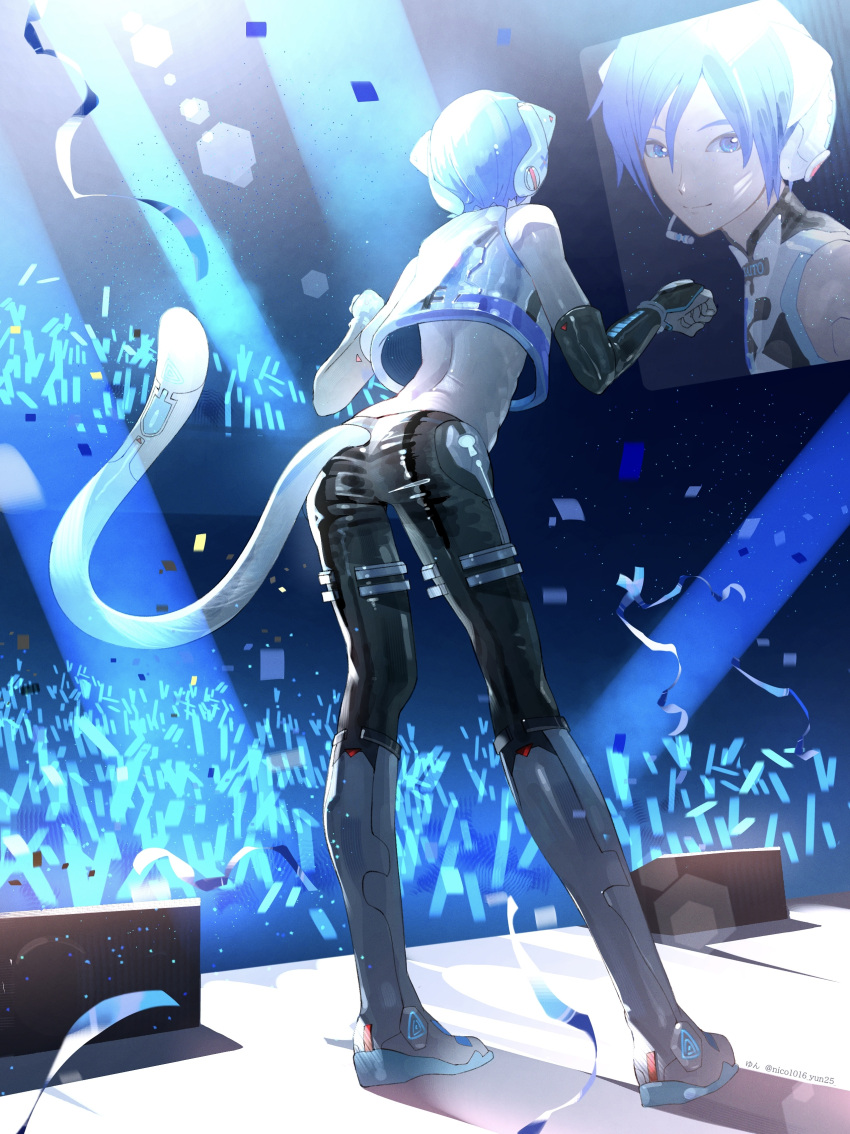 1boy absurdres animal_ears back blue_eyes blue_hair blue_theme boots cat_ears cat_tail claw_pose commentary_request concert confetti crop_top dancing elbow_gloves from_behind full_body gloves glowstick hair_between_eyes highres kaito_(vocaloid) knee_boots light_particles light_rays male_focus mechanical_tail neko_cyber_(module) nico1016 pants project_diva_(series) shiny_clothes shiny_skin short_hair smile solo_focus stage stage_lights standing streamers tail tight_clothes tight_pants vocaloid