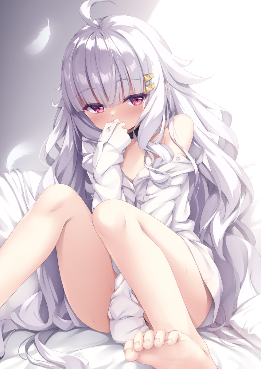 1girl absurdres ahoge bare_legs barefoot between_legs blunt_bangs blush bottomless covering_own_mouth dress_shirt embarrassed feet hair_ornament hand_between_legs hand_over_own_mouth hand_to_own_mouth highres long_hair long_sleeves looking_at_viewer naked_shirt no_bra no_pants off_shoulder open_clothes open_shirt original partially_unbuttoned red_eyes shirt sitting sleeves_past_wrists soles solo sweat toenails toes tomifumi very_long_hair white_hair white_shirt