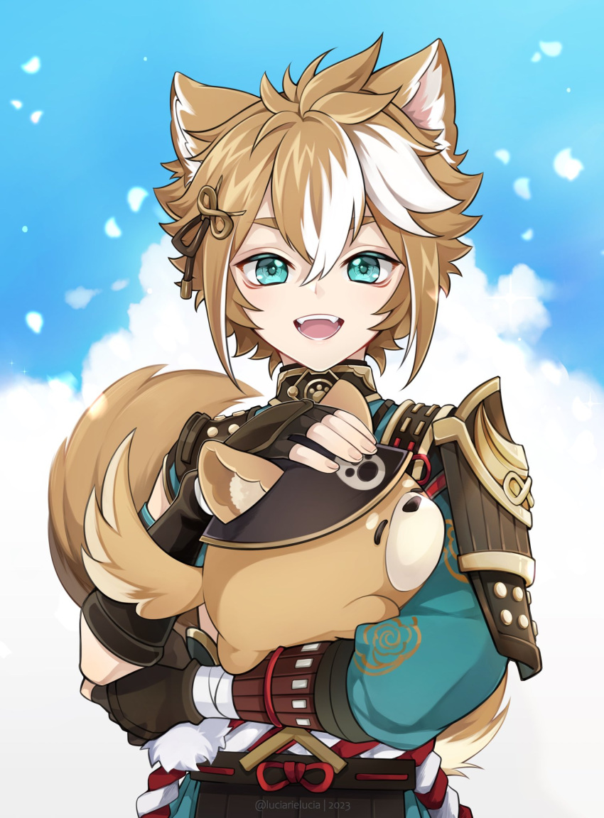1boy :d animal animal_ears aqua_eyes belt blue_sky brown_gloves brown_hair bucket_hat cloud commentary crop_top dog dog_boy dog_ears dog_tail english_commentary fangs fingerless_gloves floral_print genshin_impact gloves gorou_(genshin_impact) hair_ornament hat highres holding holding_animal igote long_sleeves looking_at_viewer luciarielucia messy_hair multicolored_hair open_mouth pants paw_print second-party_source sky smile solo standing streaked_hair tail teeth tongue white_hair