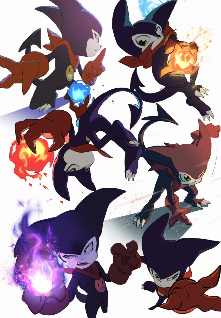 1boy 1other artist_name bandana bandana_around_neck blue_fire colored_skin commentary_request demon demon_tail digimon digimon_(creature) fewer_digits fire from_above full_body gloves green_eyes highres impmon light_rays multicolored_skin multiple_views purple_fire purple_skin red_bandana red_gloves shadow sharp_teeth shinbiko simple_background smiley_face tail teeth two-tone_skin upper_body white_background white_skin