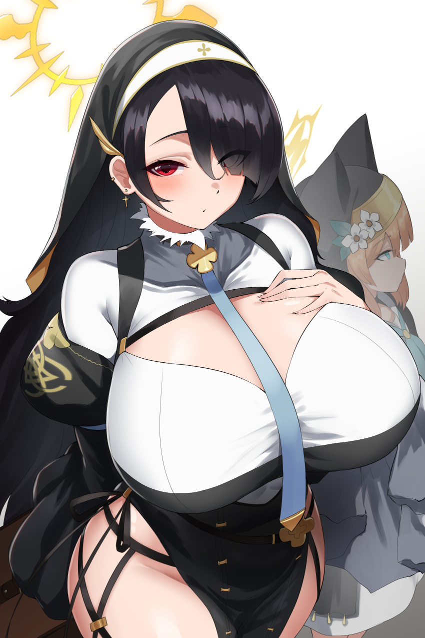 2girls absurdres black_hair blue_archive blue_eyes blush breasts cho!cho! cross cross_earrings earrings flower habit hair_between_eyes hair_flower hair_ornament hair_over_one_eye halo highres hinata_(blue_archive) huge_breasts jewelry long_hair looking_at_viewer mari_(blue_archive) multiple_girls nun orange_hair red_eyes simple_background very_long_hair white_background white_flower yellow_halo