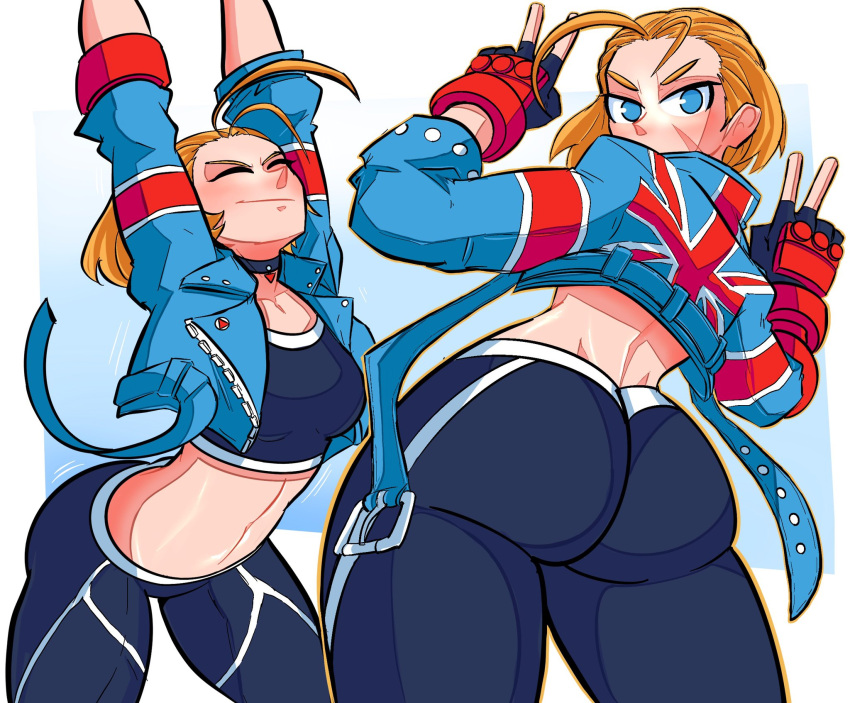 1girl arms_up ass back blonde_hair blue_eyes blue_jacket cammy_white choker closed_eyes closed_mouth crop_top double_v fingerless_gloves gloves gradient_background hair_pulled_back highres jacket looking_at_viewer looking_back loose_hair_strand midriff multiple_views open_clothes open_jacket scar scar_on_cheek scar_on_face short_hair sonchapo stomach street_fighter street_fighter_6 stretching union_jack v