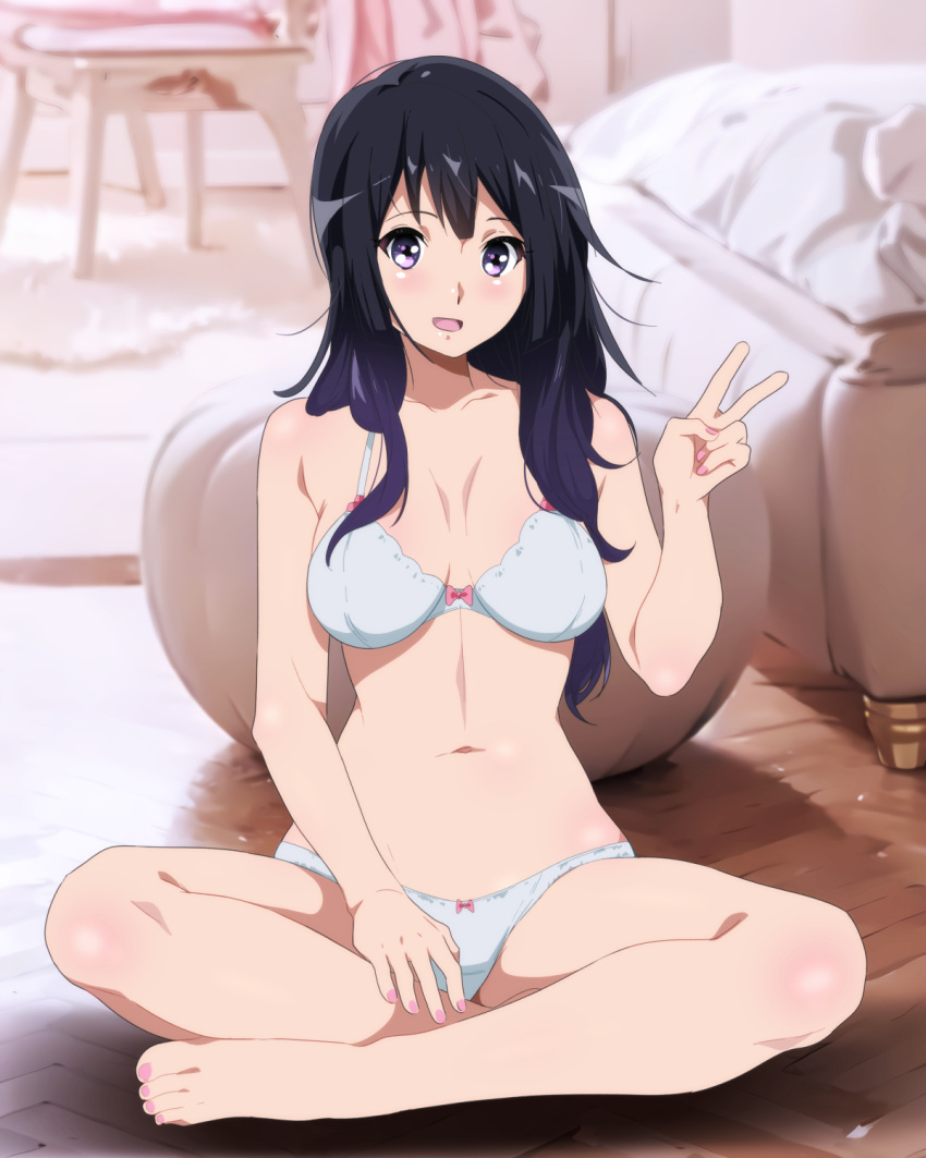 1girl armpit_crease barefoot black_hair blush bow bra breasts breasts_apart collarbone feet full_body gradient_hair hand_up hibike!_euphonium highres indian_style indoors kousaka_reina legs looking_at_viewer medium_breasts multicolored_hair nail_polish open_mouth panties pink_bow pink_nails purple_eyes purple_hair sbel02 shadow sitting solo thighs toenail_polish toenails toes underwear underwear_only v white_bra white_panties