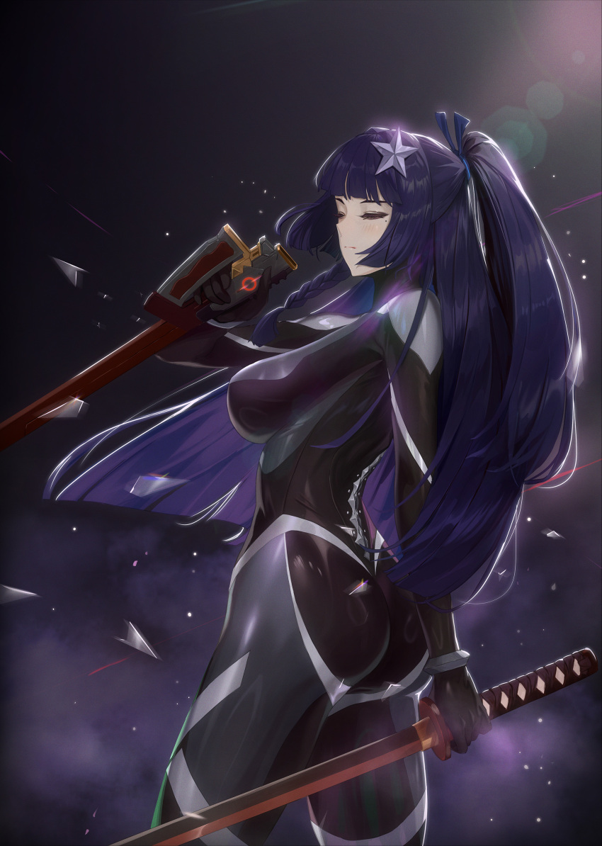 1girl absurdres ass black_bodysuit blue_hair bodysuit braid breasts closed_eyes closed_mouth fieryonion from_side hair_ornament highres holding holding_sheath holding_sword holding_weapon katana large_breasts long_hair mole mole_under_eye ponytail sheath shiny_clothes solo standing star_(symbol) star_hair_ornament sword tatakau_ataisuru unsheathed weapon yamaguchi_ryouko