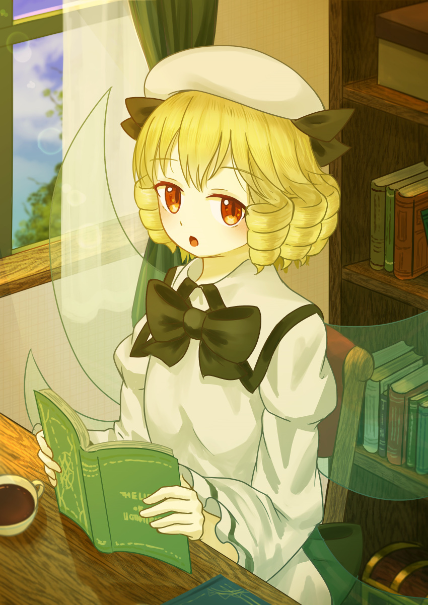 :o absurdres black_bow blonde_hair book bookshelf bow coffee_cup collared_dress cup disposable_cup dress drill_hair ekaapetto fairy_wings hair_bow hat highres holding holding_book light_blush long_sleeves luna_child multiple_hair_bows open_mouth red_eyes sunlight table touhou treasure_chest white_dress window wings wooden_table