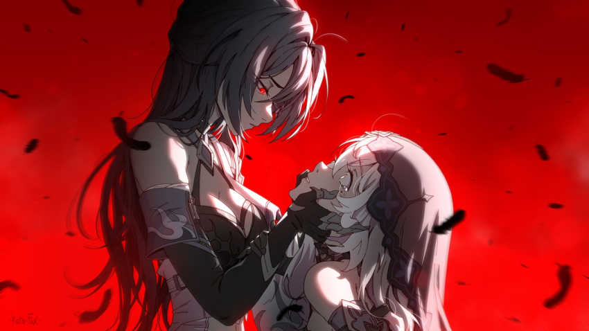 2girls acheron_(honkai:_star_rail) bare_shoulders black_gloves black_swan_(honkai:_star_rail) breasts choker cleavage dress elbow_gloves gloves hair_over_one_eye hair_spread_out hand_on_another's_chin hand_on_another's_face holding_another's_head honkai:_star_rail honkai_(series) kate-fox large_breasts long_hair mihoyo multiple_girls open_mouth purple_dress purple_eyes purple_gloves purple_hair purple_veil red_eyes sleeveless sleeveless_dress tearing_up veil very_long_hair yellow_eyes yuri