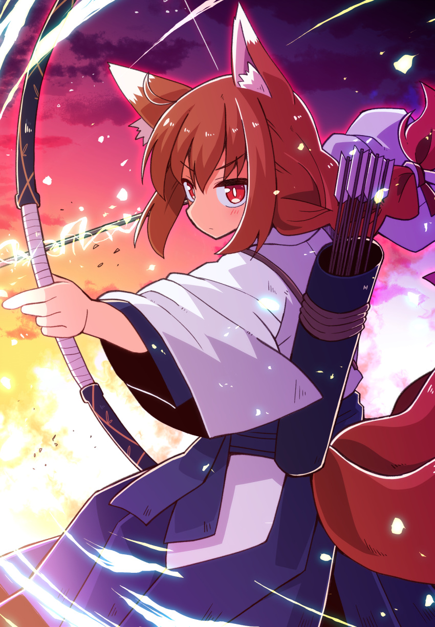 1girl animal_ears arrow_(projectile) blue_sash bow_(weapon) brown_hair closed_mouth commentary_request cowboy_shot drawing_bow energy fox_ears fox_girl fox_tail hair_ribbon highres holding holding_arrow holding_bow_(weapon) holding_weapon japanese_clothes kimono light_blush lightning long_hair long_sleeves looking_at_viewer low_ponytail magic multiple_tails obi original outdoors quiver ribbon sash sky solo tail weapon white_kimono wide_sleeves yukinagi