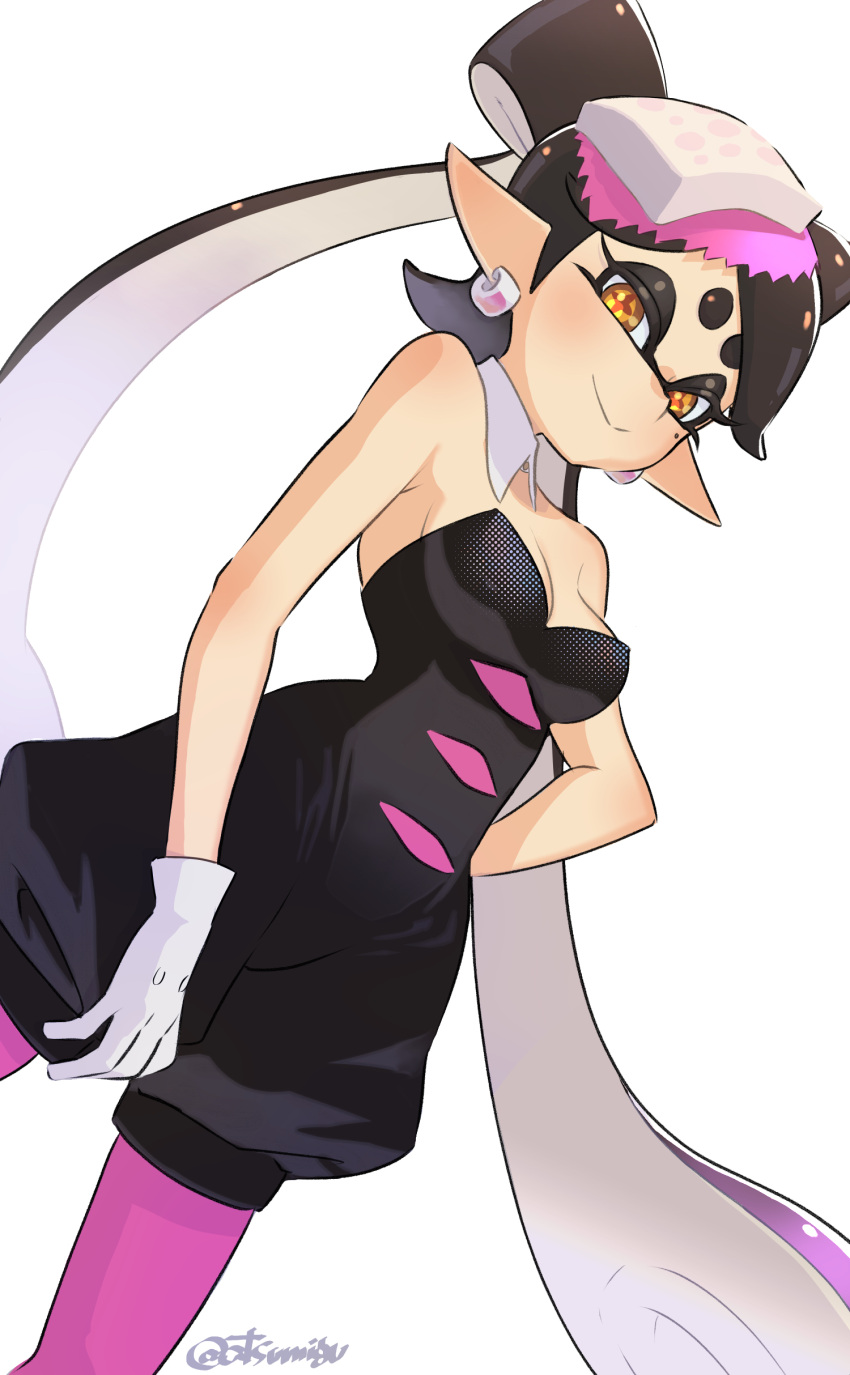 1girl :&gt; absurdres bare_shoulders black_hair black_jumpsuit bow-shaped_hair breasts callie_(splatoon) closed_mouth collar commentary_request cowboy_shot detached_collar earrings gloves gradient_hair half-closed_eyes hand_on_own_hip highres hoop_earrings inkling jewelry jumpsuit long_hair mimimimiguchan mole mole_under_eye multicolored_hair orange_pupils pantyhose pink_hair pink_pantyhose pointy_ears short_jumpsuit simple_background smile solo splatoon_(series) star-shaped_pupils star_(symbol) swept_bangs symbol-shaped_pupils twintails twitter_username two-tone_hair very_long_hair white_background white_collar white_gloves yellow_eyes