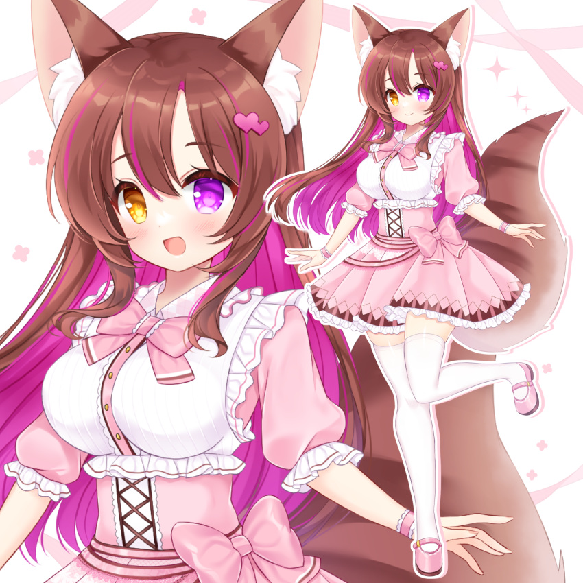 1girl :d animal_ear_fluff animal_ears blush bow breasts brown_eyes brown_hair closed_mouth commission hair_ornament heart heart_hair_ornament heterochromia highres long_hair medium_breasts multicolored_hair multiple_views original outline pink_bow pink_footwear pink_skirt pleated_skirt puffy_short_sleeves puffy_sleeves purple_eyes purple_hair shikito_(yawa0w0) shirt shoes short_sleeves simple_background skeb_commission skirt smile sparkle streaked_hair striped_tail tail thighhighs two-tone_hair very_long_hair white_background white_outline white_shirt white_thighhighs