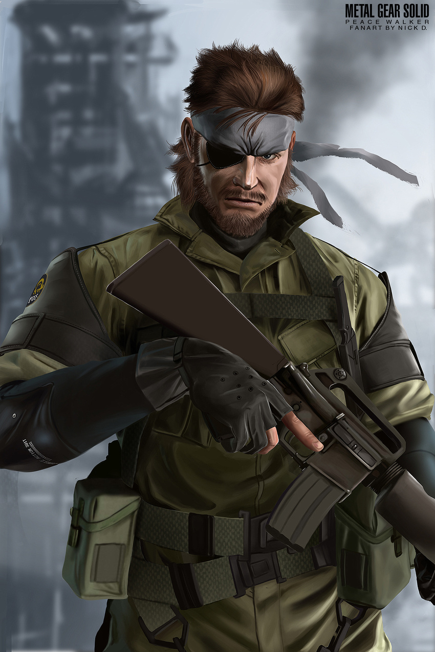 assault_rifle beard belt belt_pouch big_boss brown_hair eyepatch facial_hair fingerless_gloves gloves gun headband highres holster knife m16 m16a1 male_focus manly metal_gear_(series) metal_gear_solid metal_gear_solid_peace_walker military multiple_belts nine-bullet-revolver pouch rifle solo trigger_discipline weapon