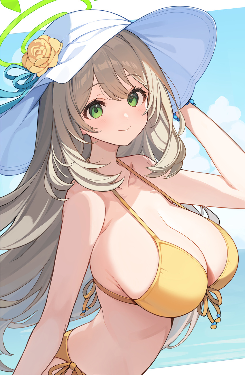 1girl bare_arms bare_shoulders bead_bracelet beads bikini blonde_hair blue_archive bracelet breasts cleavage closed_mouth cowboy_shot flower front-tie_bikini_top front-tie_top green_eyes halo halterneck hand_up hat hat_flower hat_ribbon highres jewelry large_breasts long_hair looking_at_viewer nonomi_(blue_archive) nonomi_(swimsuit)_(blue_archive) official_alternate_costume pipipipyu ribbon side-tie_bikini_bottom smile solo standing stomach strap_gap string_bikini sun_hat swimsuit very_long_hair white_hat yellow_bikini yellow_flower