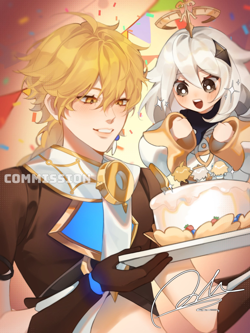 1boy 1girl aether_(genshin_impact) ahoge arm_armor black_eyes black_scarf blonde_hair blueberry blush braid brown_background brown_gloves brown_shirt cake clenched_hands commission confetti crystal_hair_ornament earrings flying food fruit genshin_impact gloves gold_trim gradient_background grey_hair hair_between_eyes hair_ornament halo hands_up highres holding holding_tray jewelry long_hair long_sleeves looking_at_food looking_down lumine_(genshin_impact) mechanical_halo open_mouth paimon_(genshin_impact) pennant puffy_long_sleeves puffy_sleeves romper scarf shirt short_hair short_sleeves signature single_earring smile sn_jiho sparkle standing strawberry teeth tongue tray watermark white_romper white_scarf yellow_background yellow_eyes