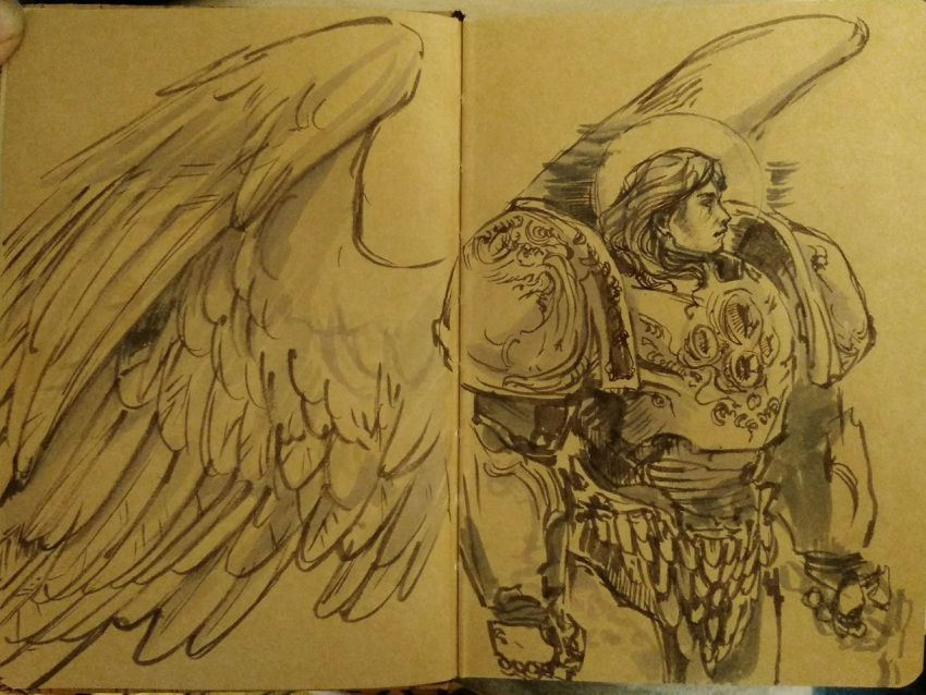 1boy angel angel_wings armor blood_angels breastplate couter cowboy_shot gauntlets halo halo_behind_head halo_effect halo_illusion hatching_(texture) leg_armor long_hair male_focus mammona paper_(medium) pauldrons photo_(medium) power_armor primarch regalia_resplendent rerebrace sanguinius shoulder_armor sketch traditional_media vambraces warhammer_40k wings