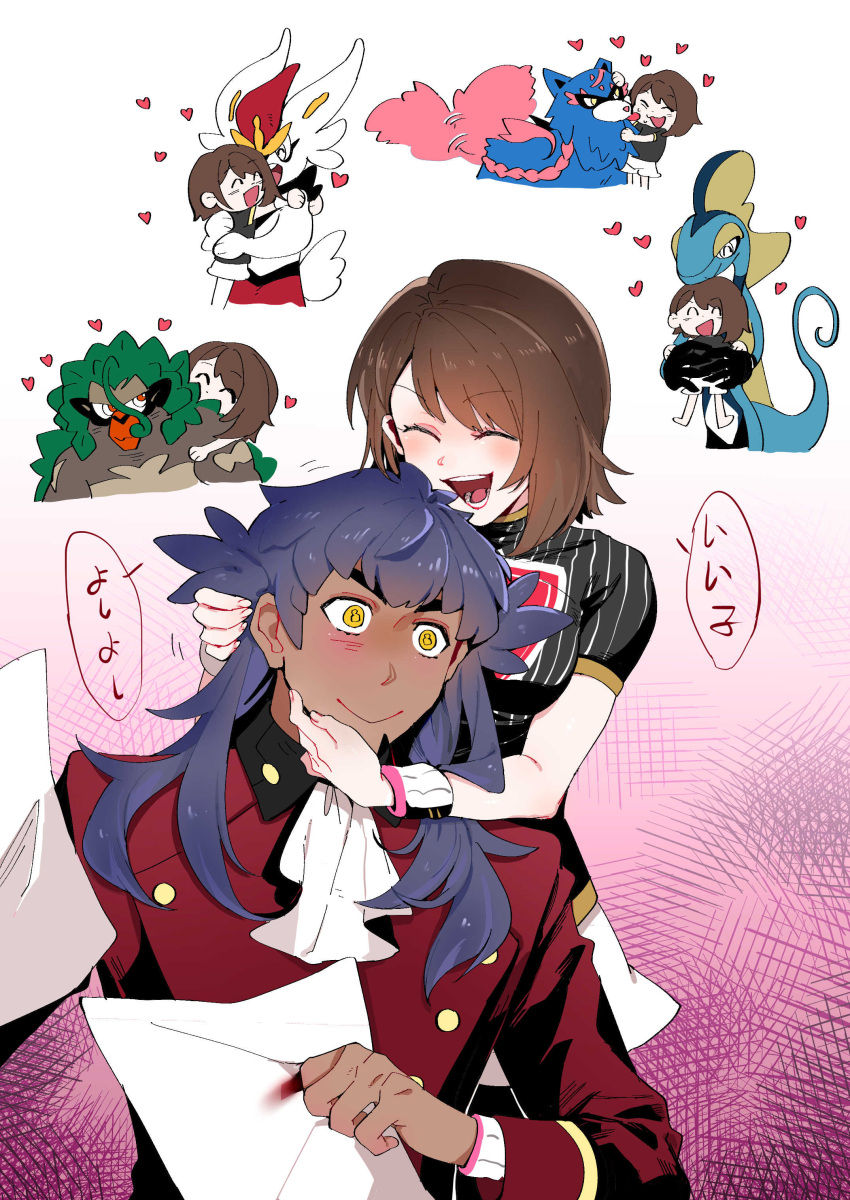 1boy 1girl :&gt; :d absurdres ascot black_shirt blush brown_hair buttons champion_uniform cinderace closed_mouth commentary_request dark-skinned_male dark_skin dynamax_band gloria_(pokemon) heart highres holding hug inteleon jacket leon_(pokemon) long_hair multiple_views open_mouth pokemon pokemon_swsh red_jacket rillaboom shirt short_hair short_sleeves smile speech_bubble teeth tongue translation_request white_ascot yellow_eyes yuukuroi_(pxmg7872) zacian