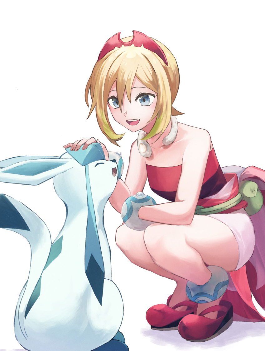 1girl :d anklet blonde_hair collarbone commentary_request eyelashes glaceon green_bag grey_eyes hair_between_eyes hairband headpat highres irida_(pokemon) jewelry looking_down neck_ring noren69025954 open_mouth pokemon pokemon_(creature) pokemon_legends:_arceus red_footwear red_hairband red_shirt sash shirt shoes short_hair shorts smile squatting strapless strapless_shirt teeth upper_teeth_only waist_cape white_shorts