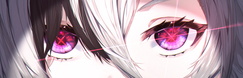 1girl arlecchino_(genshin_impact) black_hair close-up commentary_request eye_focus genshin_impact glowing glowing_eye hair_between_eyes highres looking_at_viewer multicolored_eyes multicolored_hair red_pupils solo streaked_hair symbol-shaped_pupils tsugumiyusa white_hair x-shaped_pupils