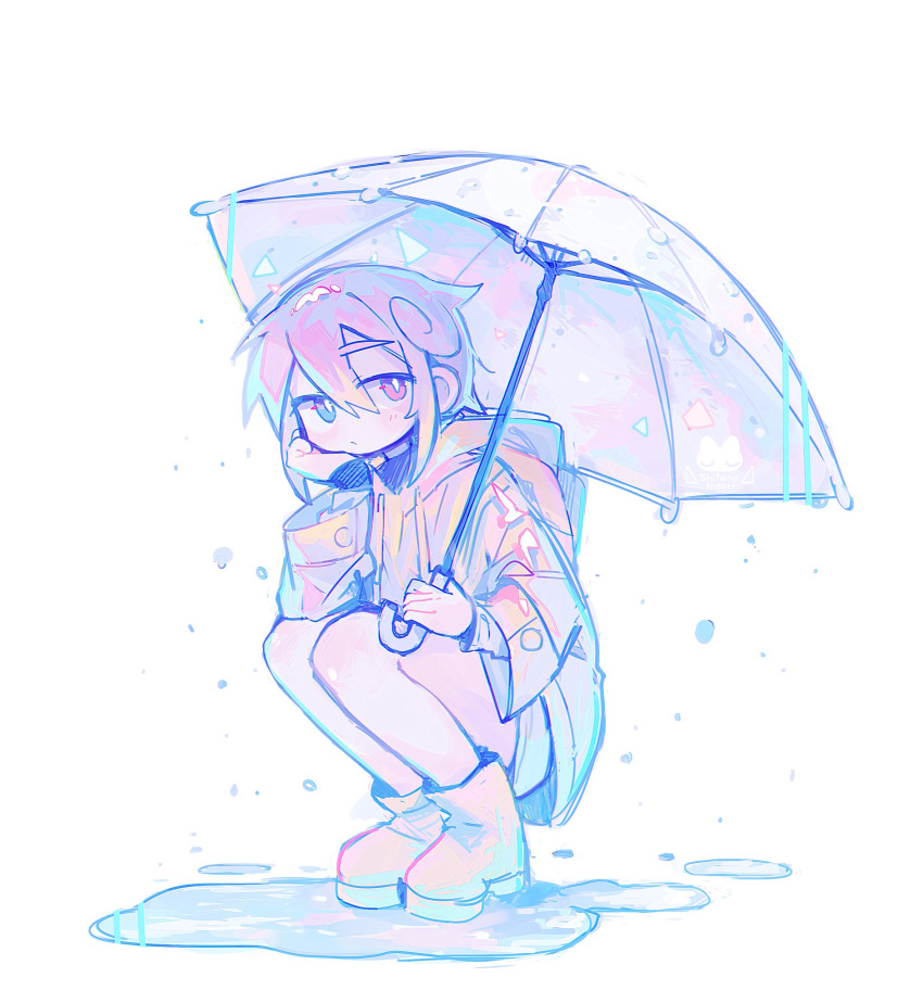 1boy blue_eyes boots bored commentary expressionless full_body hand_on_own_chin head_rest highres holding holding_umbrella jitome original pink_eyes pink_hair puddle rain raincoat raito-kun_(uenomigi) rubber_boots solo squatting symbol-only_commentary transparent transparent_umbrella uenomigi umbrella white_background white_umbrella