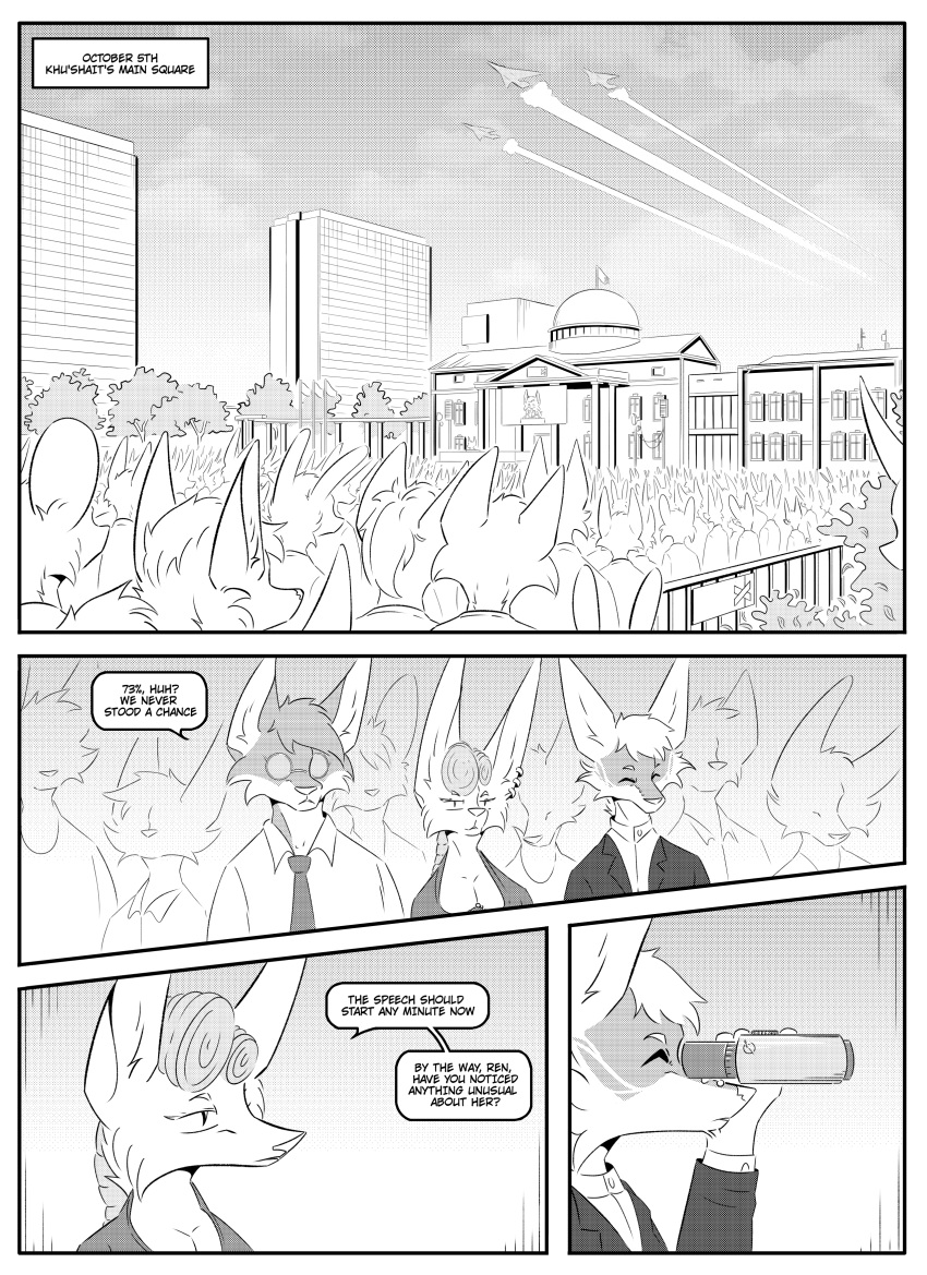 absurd_res aircraft airplane ambiguous_gender angela_hall anthro arctic_fox binoculars black_and_white braided_hair canid canine charlotte_abe city cityscape clothed clothing crowd dermal_piercing dialogue ear_piercing eyewear female fox glasses group hair hi_res inner_ear_fluff kifyun2 male mammal marble_fox monochrome narrowed_eyes necktie outside piercing red_fox ren_yoshida sho_kimura simple_background speech_bubble text true_fox tuft vehicle