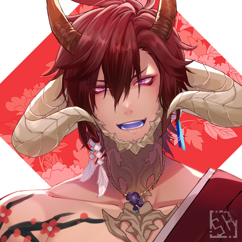 1boy au_ra black_hair collarbone colored_tongue commentary_request dragon_boy dragon_horns earrings extra_horns eyelashes eyeliner final_fantasy final_fantasy_xiv hair_between_eyes highres horns jewelry makeup male_focus medium_hair open_mouth pink_eyes ponytail portrait purple_tongue red_eyeliner shiroesa shoulder_tattoo signature simple_background slit_pupils solo tattoo teeth