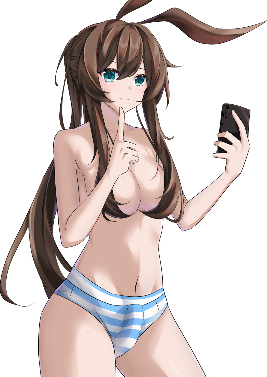 1girl absurdres amiya_(arknights) animal_ears arknights blue_eyes breasts brown_hair bulge cellphone commentary cowboy_shot erection erection_under_clothes futanari hair_censor hands_up highres holding holding_phone long_hair looking_at_viewer medium_breasts navel panties pengzlp phone rabbit_ears smartphone smile solo standing stomach striped_clothes striped_panties thighs topless underwear very_long_hair